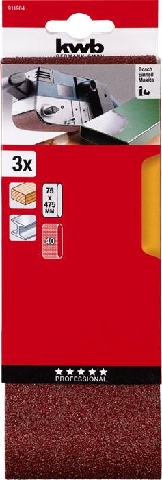 Trzy arkusze papieru ściernego KWB w czerwonym opakowaniu, odpowiednie do ręcznej szlifierki Bosch. Wymiary: 75x457 mm, ziarnistość: 40.
