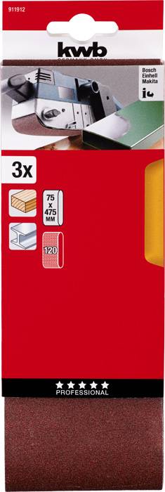 'Arkusze ścierne KWB, 3 sztuki, rozmiar 75 x 457 mm, ziarnistość 120, odpowiednie do szlifierek taśmowych, profesjonalne akcesoria.'
