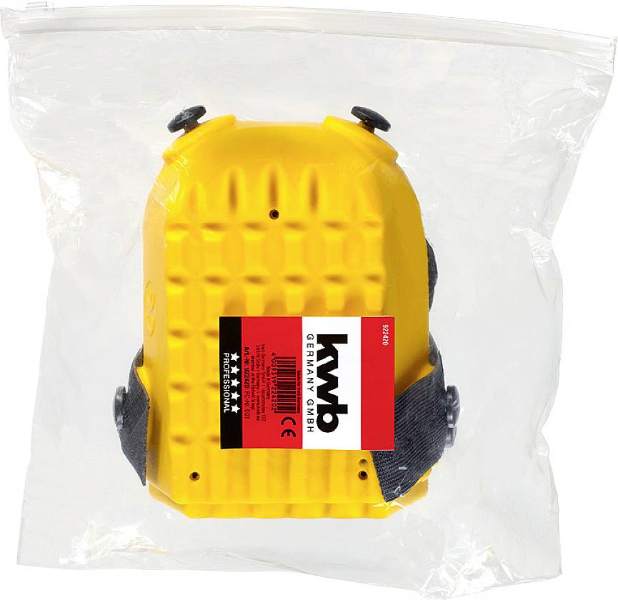 Żółty nakolannik w plastikowym opakowaniu z czerwoną etykietą, na której widnieje 'Lavo Germany Design'. Odpowiedni do prac budowlanych lub ogrodowych.