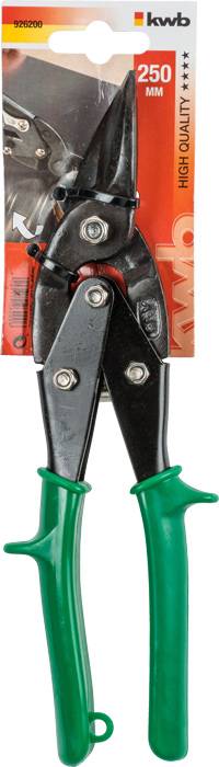 Nożyce do blachy z zielonymi uchwytami. Opakowanie wskazuje '250 mm' i 'High Quality'. Odpowiednie do cięcia blachy i innych materiałów.