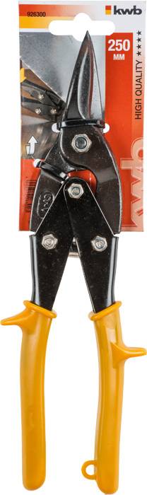 Nożyce do blachy z pomarańczowymi uchwytami i etykietą; długość: 250 mm; odpowiednie do cięcia arkuszy metalowych.