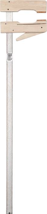 Ścisk stolarski z metalowym prętem i drewnianymi uchwytami, używany do mocowania elementów podczas obróbki drewna.