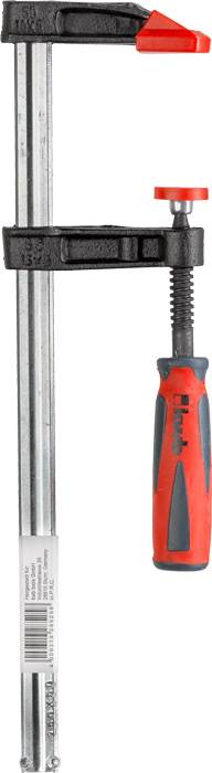 Metalowy zacisk z czerwoną rączką. Służy do mocowania elementów obrabianych.