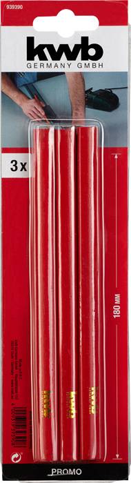 Trzy czerwone ołówki ciesielskie firmy kwb Germany GmbH w opakowaniu. Idealne do precyzyjnego oznaczania drewna i innych materiałów.