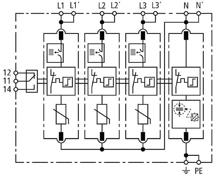 Schemat elektryczny przedstawia połączenie szeregowe czterech wyłączników ochronnych, podłączonych do faz L1 do L3, przewodu neutralnego N oraz uziemienia PE.
