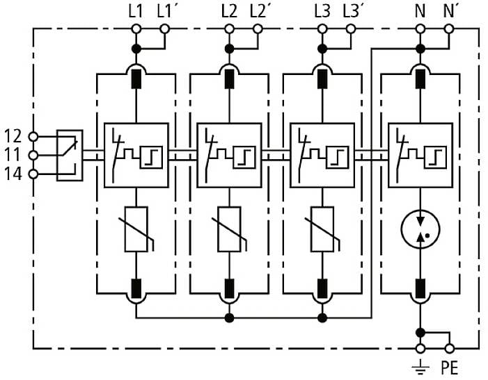 'Schemat elektryczny urządzenia stykowego z czterema stykami zwiertnymi, złączem ochronnym PE i przewodem neutralnym. Połączenia i cewki są wyraźnie oznaczone.'