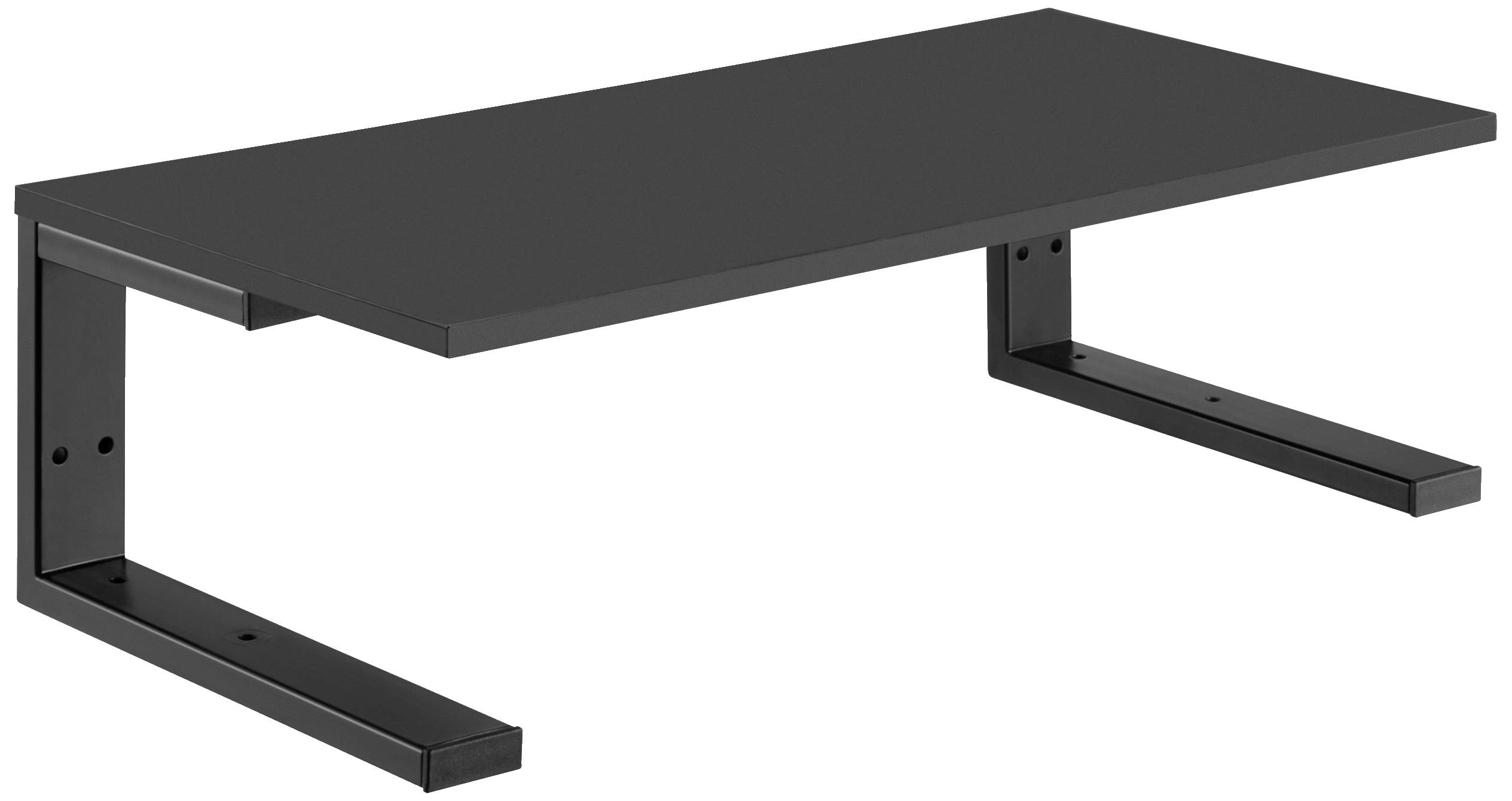 Czarny metalowy stojak na monitor o prostym, nowoczesnym designie. Przeznaczony do podniesienia monitora komputerowego w celu zapewnienia ergonomicznej pracy.