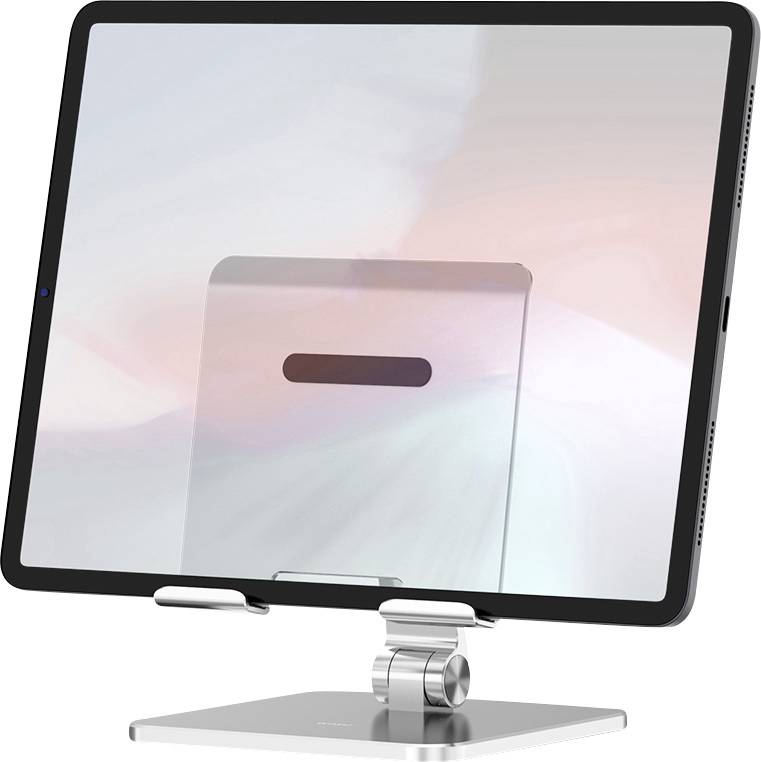 Tablet na srebrnym stojaku na rozmytym tle. Ekran wyświetla prostą ilustrację.