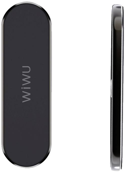 Płaski, owalny czarny pendrive z napisem 'WiWU' szarą czcionką. Widok z góry i z boku.