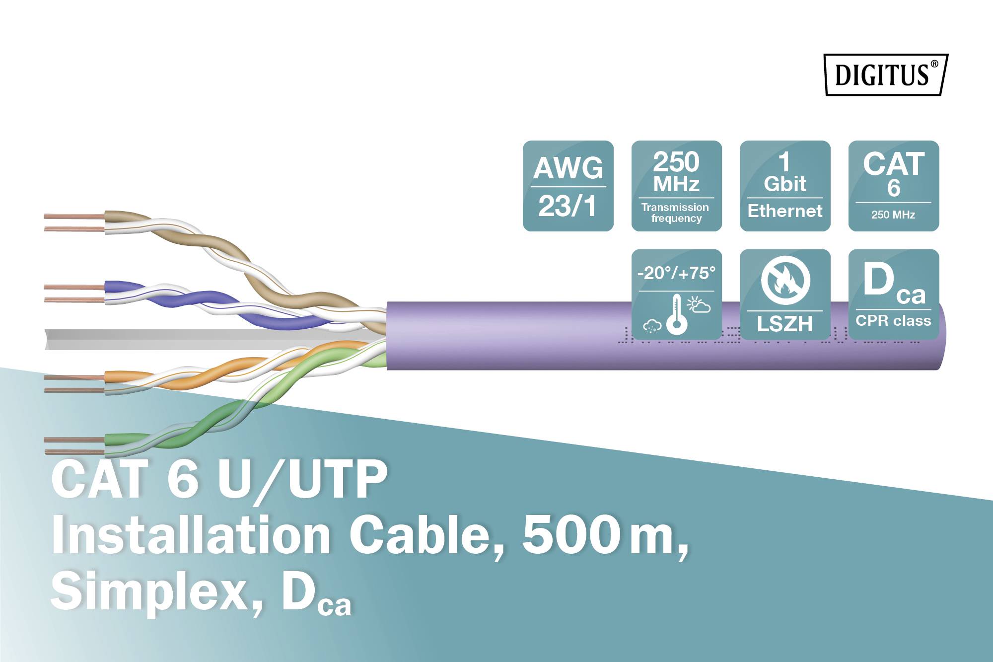 Kabel instalacyjny CAT 6 U/UTP, 500 m, Simplex, Dca. Szczegóły: AWG 23/1, 250 MHz, 1 Gbit Ethernet, CAT 6, LSZH, CPR Dca, zakres temperatury -20°/+75°.