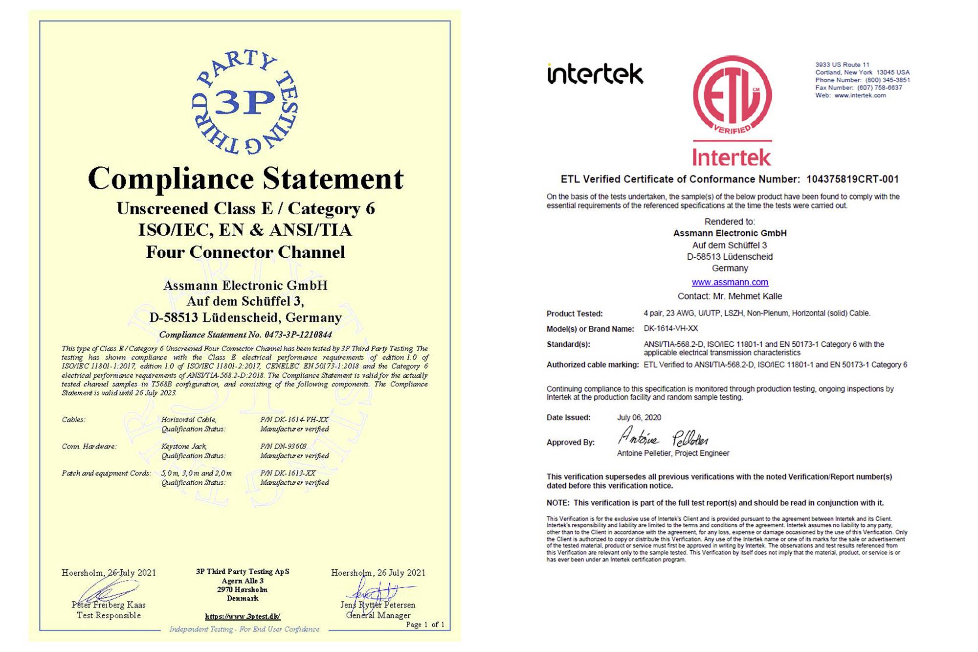 Oświadczenie o zgodności i Certyfikat weryfikacji ETL wraz z informacjami o firmie, specyfikacjami standardowymi oraz danymi badań.