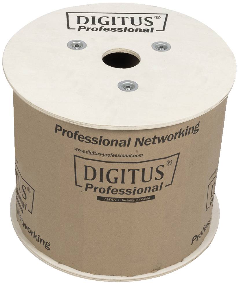 Rolka z nadrukiem 'DIGITUS Professional', używana do profesjonalnych kabli sieciowych, opakowana papierem z drewnianymi pokrywkami.