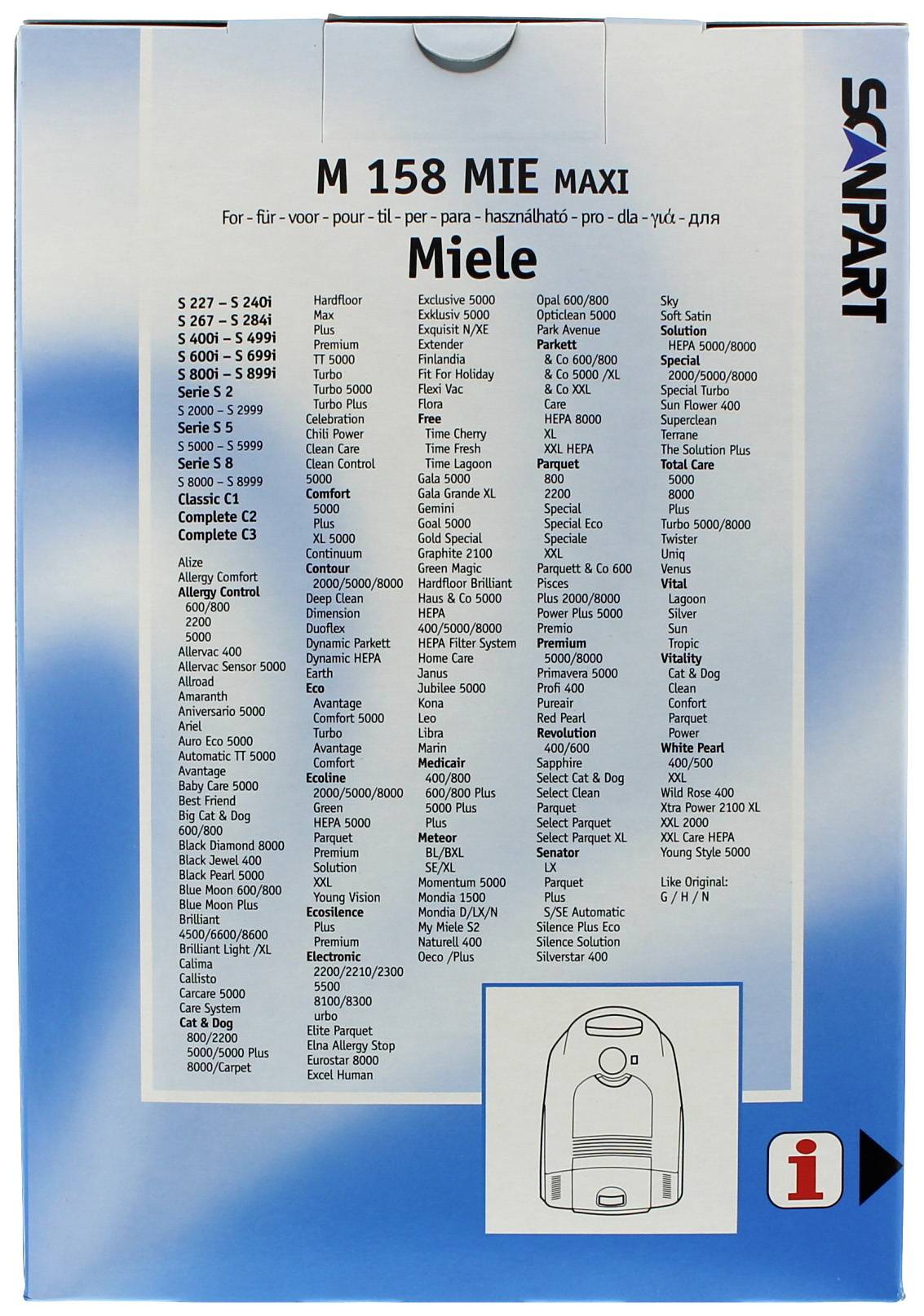 Opakowanie 'Sanpart M 158 MIE MAXI Worki do odkurzacza' przedstawia tabelę z kompatybilnymi modelami Miele oraz ilustrację produktu w prawym dolnym rogu.