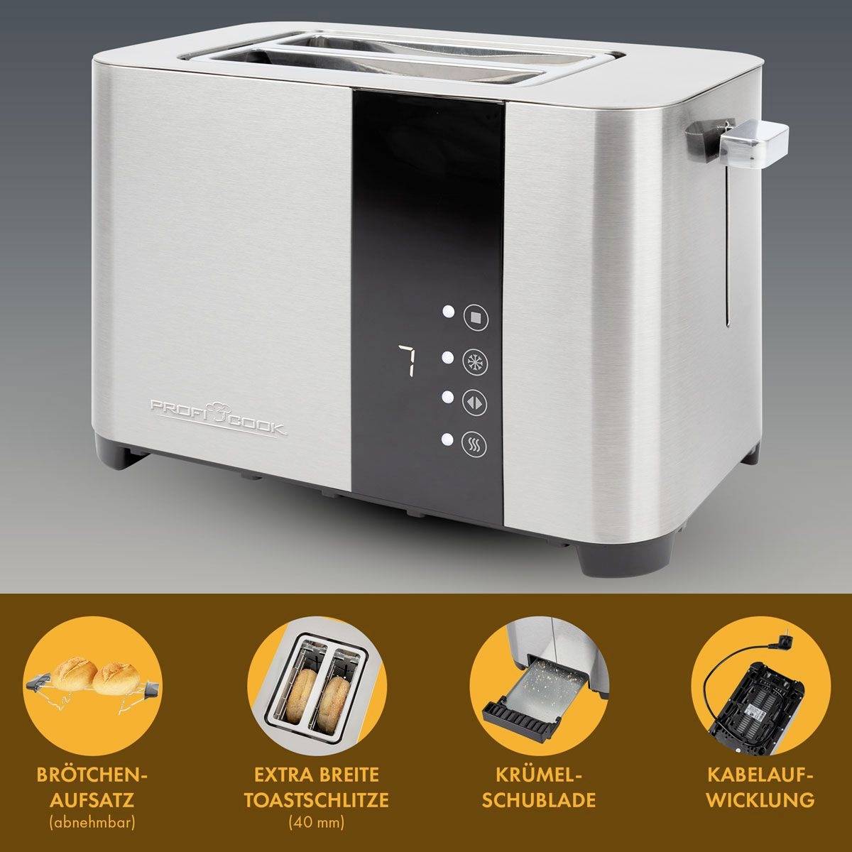 Toster ProfiCook ze stali nierdzewnej z extra szerokimi otworami, nasadką na bułki i szufladką na okruchy, a także możliwością nawijania przewodu.