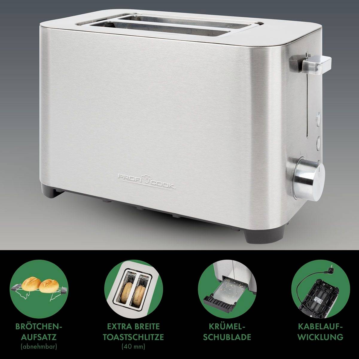 Srebrny toster z szeroką szczeliną. Poniżej symbole: 'Wspornik do bułek', 'Wyjątkowo szerokie szczeliny na tosty', 'Szuflada na okruchy', 'Nawijanie przewodu'.