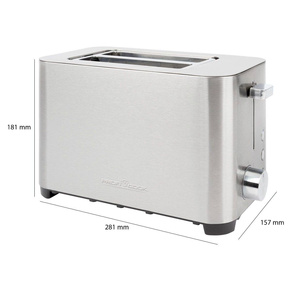Srebrny metalowy toster z dwoma otworami na pieczywo. Wymiary w milimetrach: wysokość 181 mm, szerokość 281 mm, głębokość 157 mm.