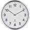 Okrągły zegar ścienny wskazuje godzinę 10:10. Zegar posiada białą tarczę, czarne cyfry i wskazówki oraz srebrną ramkę.