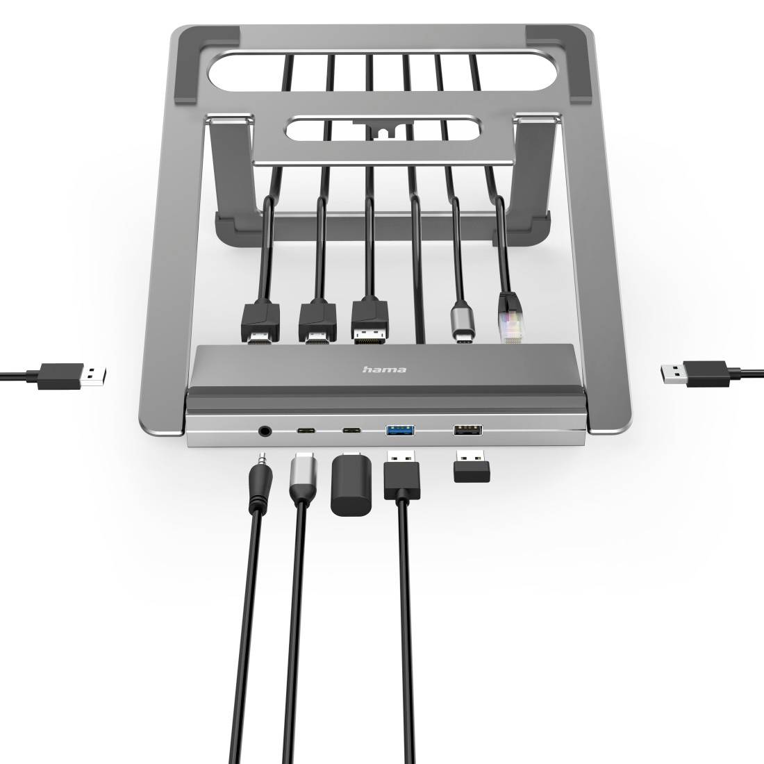 Stojak na laptopa z wieloma podłączonymi kablami, takimi jak USB i HDMI, w stacji dokującej zapewniającej rozszerzoną łączność.