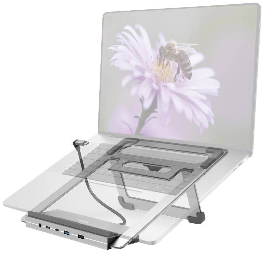 Laptop z obrazem pszczoły na ekranie, umieszczony na regulowanym stojaku z zintegrowanym systemem zarządzania kablami.