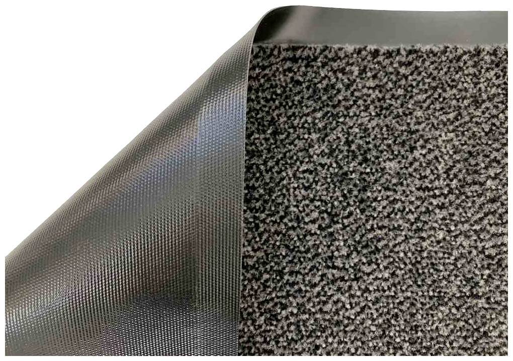 Szara mata wejściowa o szorstkie strukturze z czarną gumowaną krawędzią, rozłożona na podłodze.