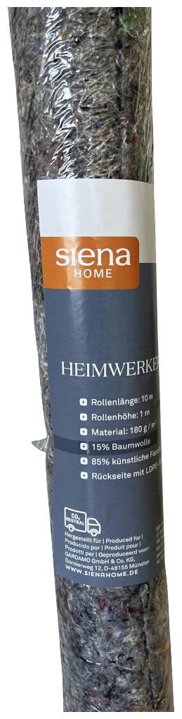 Kompletnie zapakowana filcowa mata do majsterkowania z logo 'siena home'. Etykieta zawiera informacje o rozmiarze i materiale, rolka 1 x 10 m.