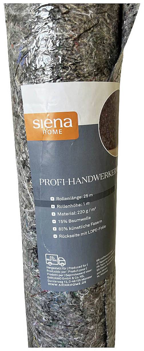 Opakowanie profesjonalnej włókniny rzemieślniczej marki siena HOME, 1 m x 25 m, wykonanej w 85% z włókien syntetycznych i 15% bawełny, powleczonej polietylenem.