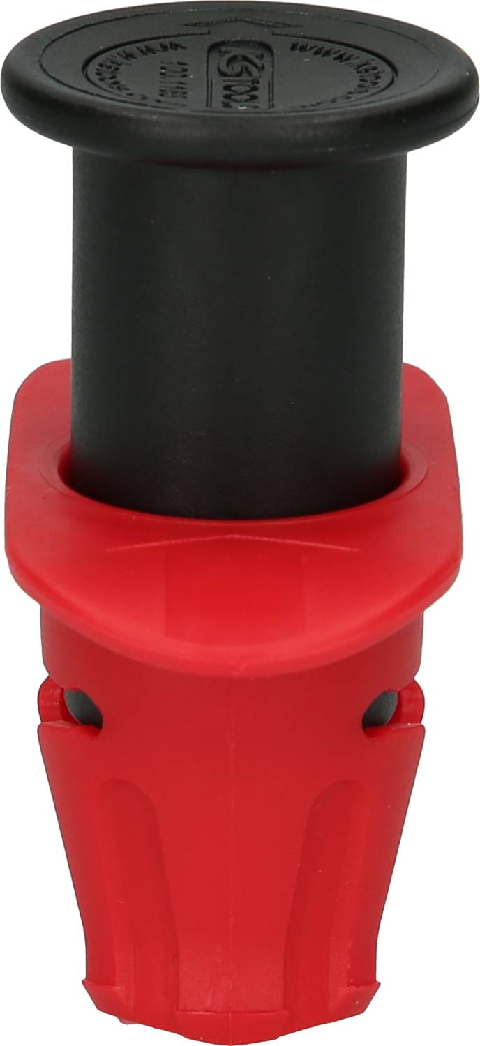 Czerwony i czarny korek z gumową nasadką, często używany do zamykania pojemników lub rur.