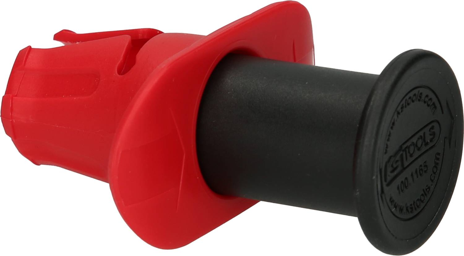 Czerwony i czarny uchwyt plastikowy do narzędzia technicznego, o kształcie cylindrycznym. Główny element urządzenia lub narzędzia.