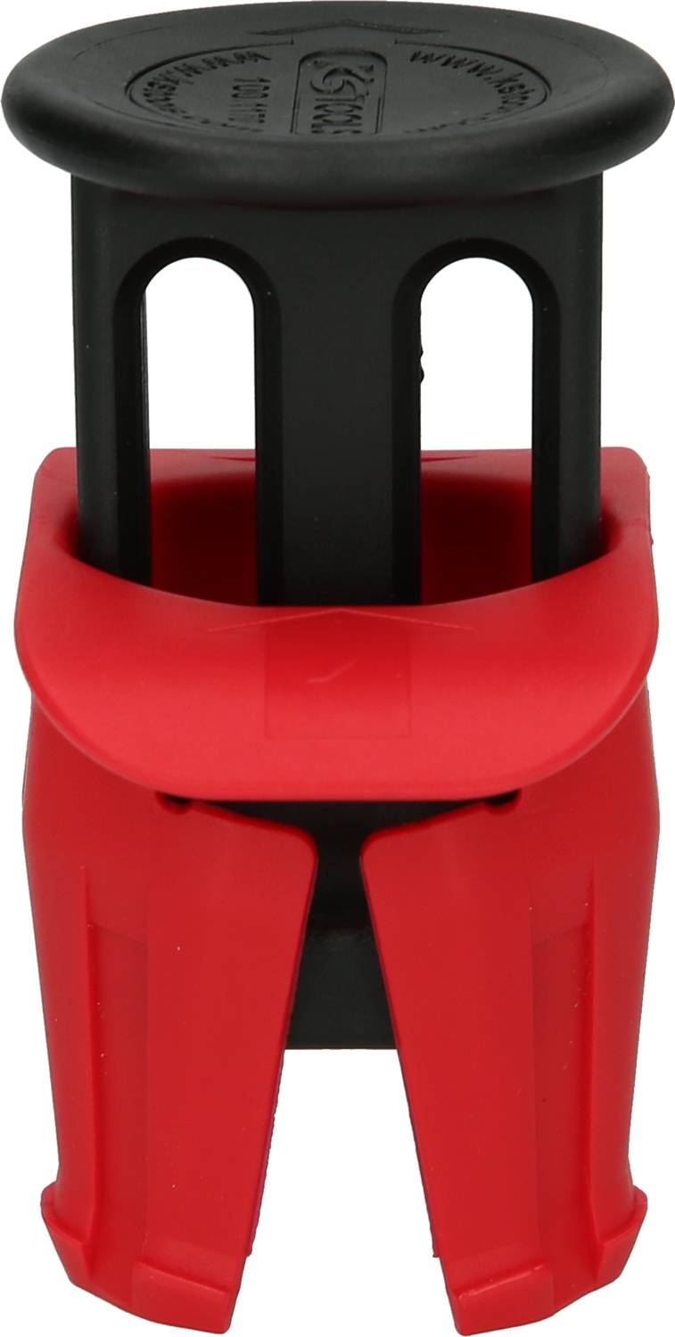 Czerwony i czarny plastikowy korek do butelek, służący do otwierania i ponownego zamykania butelek wina.