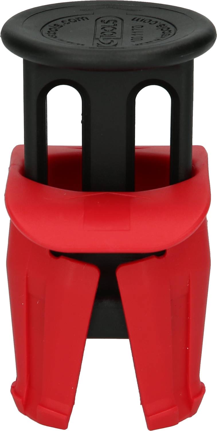 Czerwony i czarny plastikowy korek z cylindryczną górną częścią i elastycznymi zaczepami, używany do zabezpieczania butelek.