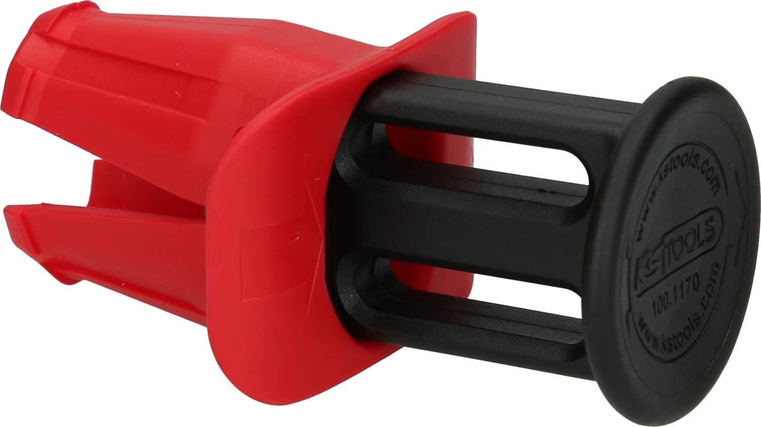 Czerwone i czarne narzędzie z tworzywa sztucznego, które prawdopodobnie służy do mocowania lub utrzymywania odstępu.