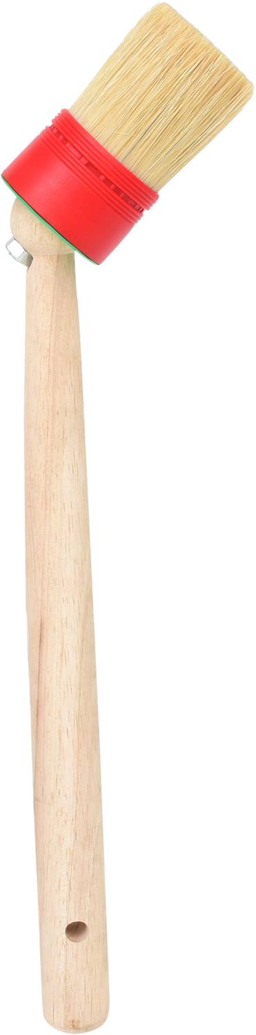 Okrędły pędzel z jasnym drewnianym uchwytem i czerwonym włosiem. Odpowiedni do prac malarskich lub działań artystycznych.