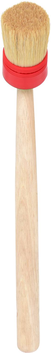 Szczotka z uchwytem w naturalnym kolorze drewna i jasnymi włoskami, zamontowana na czerwonej podstawie.