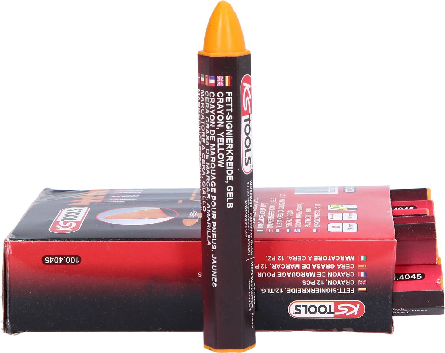 Kreda gruba tłusta, żółta firmy KS Tools, przedstawiona w opakowaniu. Idealna do znakowania na szorstkich powierzchniach.