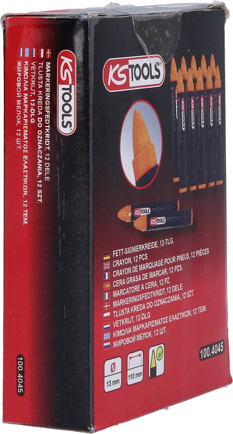 Opakowanie z dwunastoma pomarańczowymi kredkami tłustymi marki KS Tools, w czarno-czerwonym opakowaniu. Idealne do oznaczania powierzchni.
