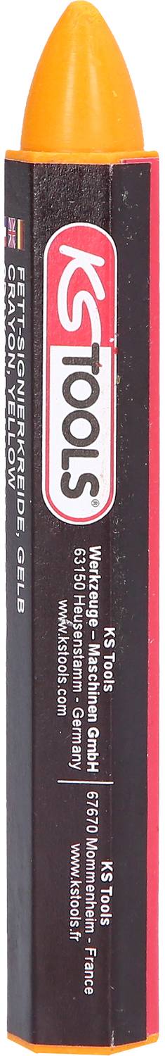 Żółta kreda w ołówku firmy 'KS Tools' z czarną etykietą i informacjami o firmie, używana do oznaczania różnych powierzchni.