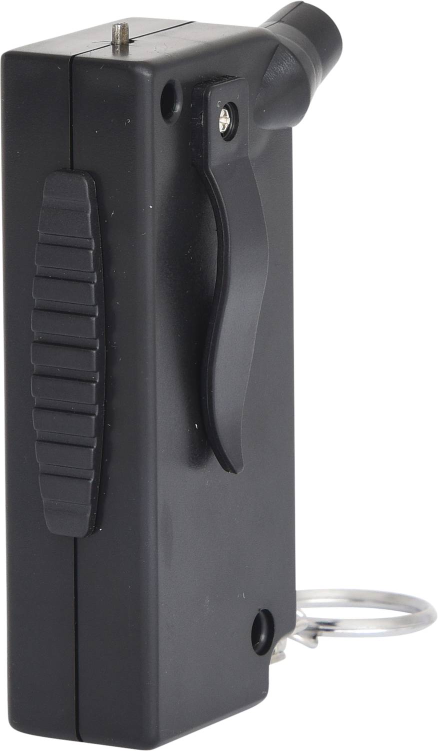 Czarny, prostokątny pojemnik z gazem pieprzowym z kółkiem do kluczy, uchwytem z boku i dyszą u góry, na białym tle.