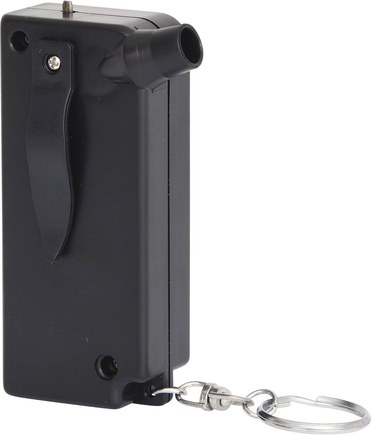 Czarny prostokątny obiekt z breloczkiem i małym uchwytem na górze, prawdopodobnie urządzenie lub narzędzie.