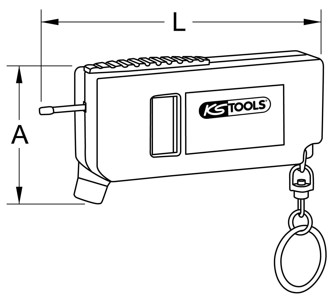 Ilustracja narzędzia KS do pomiaru ciśnienia powietrza. Prostokątny kształt z podziałką na jednej stronie i łańcuszkiem do zawieszenia na końcu.