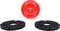 'Tarcze szlifierskie': Dwie czarne, teksturowane tarcze i czerwony, centralny uchwyt. Przeznaczone do prac szlifierskich.