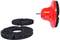 Czerwona nakładka szlifierska z dwoma czarnymi tarczami wymiennymi, używana do obróbki powierzchni oraz usuwania rdzy lub farby.