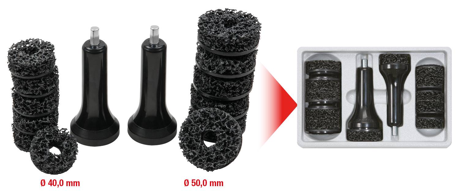 Zestaw materiałów ściernych z dwoma uchwytami i kilkoma okrągłymi tarczami szlifierskimi o rozmiarach 40 mm i 50 mm; zapakowany w białe pudełko z tworzywa sztucznego.