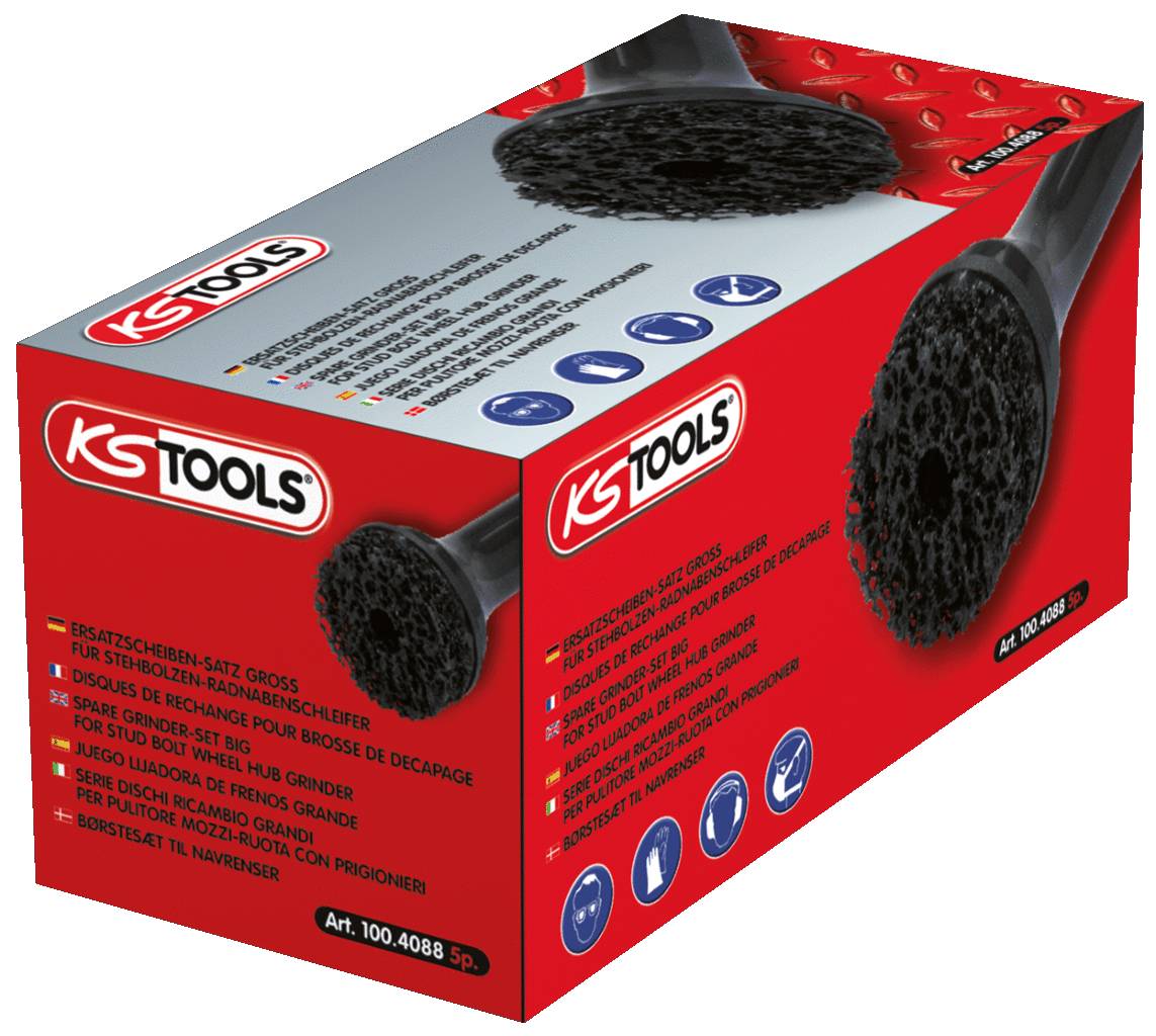 Opakowanie wymienna szyby od KS Tools. Czerwone pudełko z obrazem produktu i logo. Wskazówki dotyczące stosowania i specyfikacje w kilku językach.