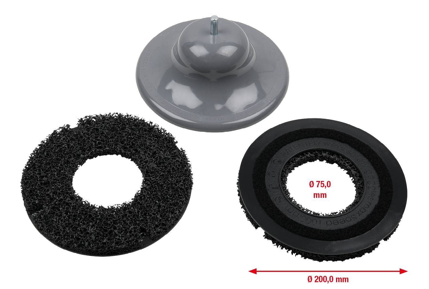 'Trzy komponenty: szara podstawa z przyssawką, czarna podkładka ścierna o średnicy 75,0 mm, czarna podkładka ochronna. Wymiary: 200,0 mm szerokości.'