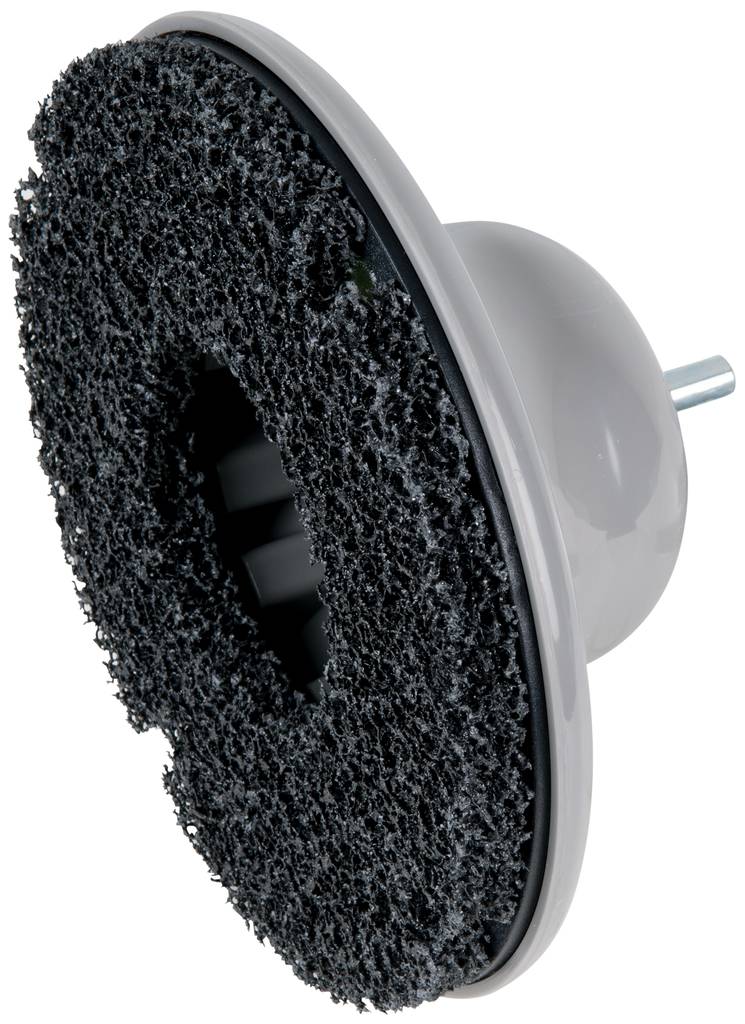 Czarna tarcza szlifierska z otwartym włóknem, szarą podstawą z tworzywa sztucznego oraz srebrnym bolcem mocującym.