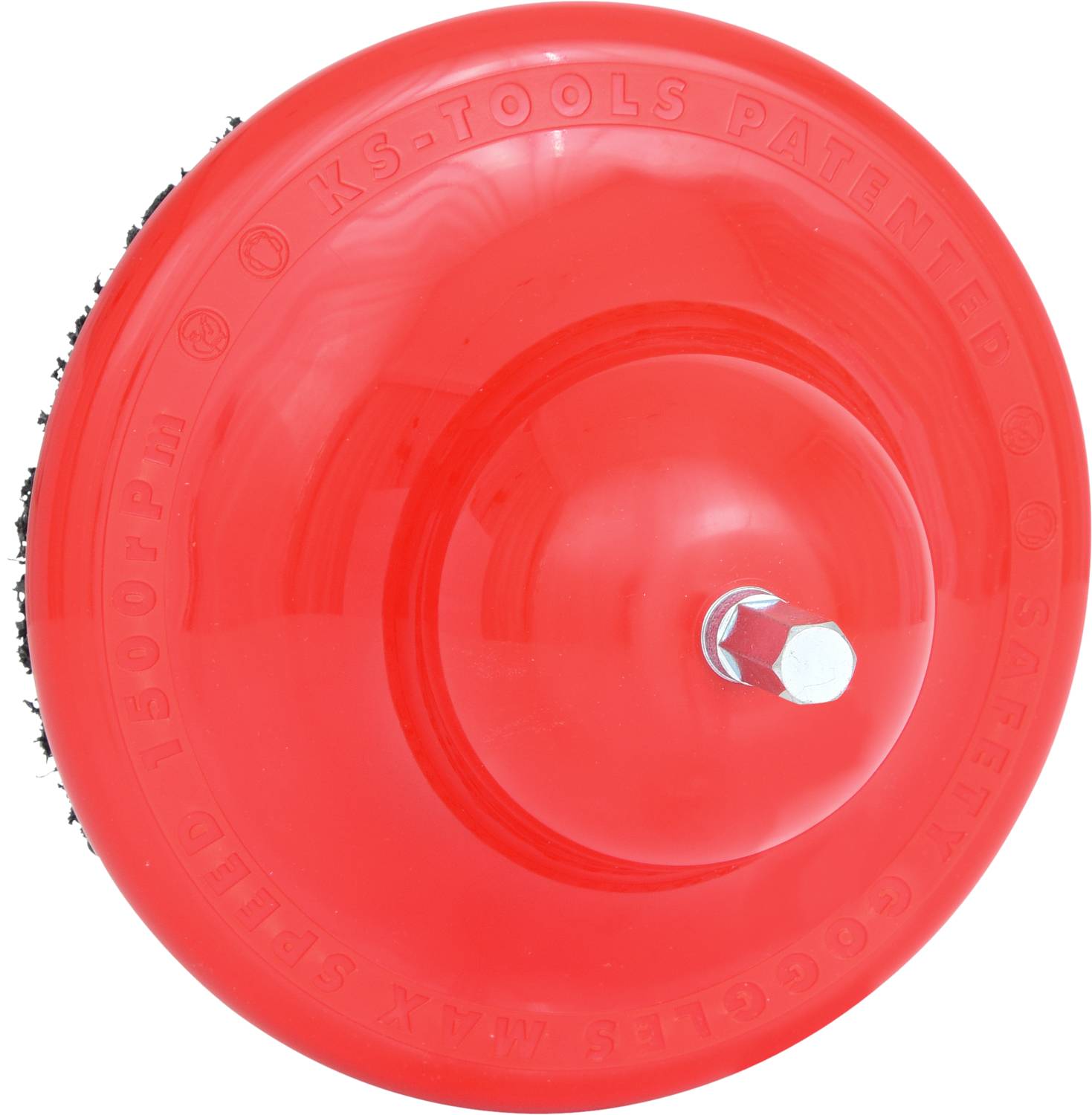 Czerwony, okrągły uchwyt narzędziowy z wbudowanym złączem sześciokątnym i czarną obwódką szczotkową, odpowiedni do polerowania lub czyszczenia.