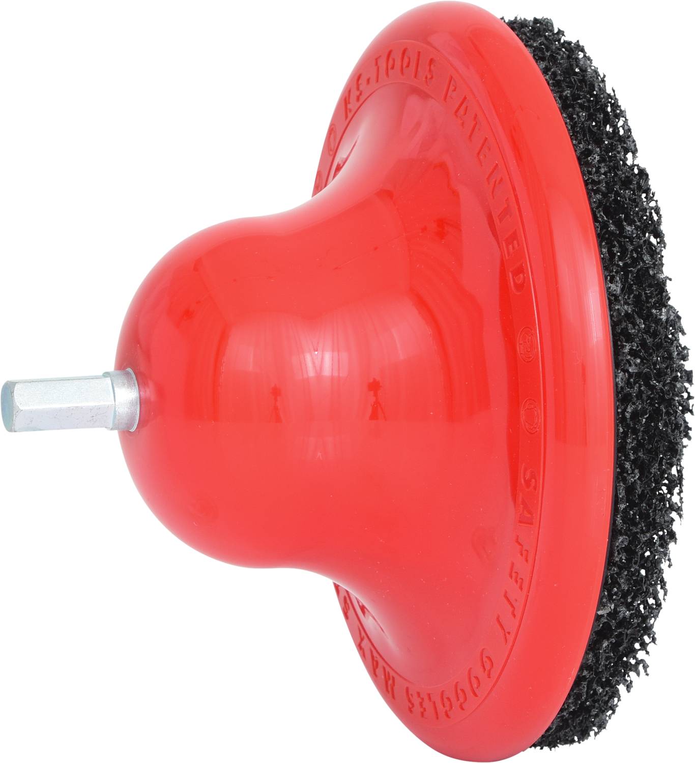 Czerwone narzędzie szlifierskie z czarną stroną szczeciny i metalowym adapterem, stosowane głównie w obróbce drewna i metalu.