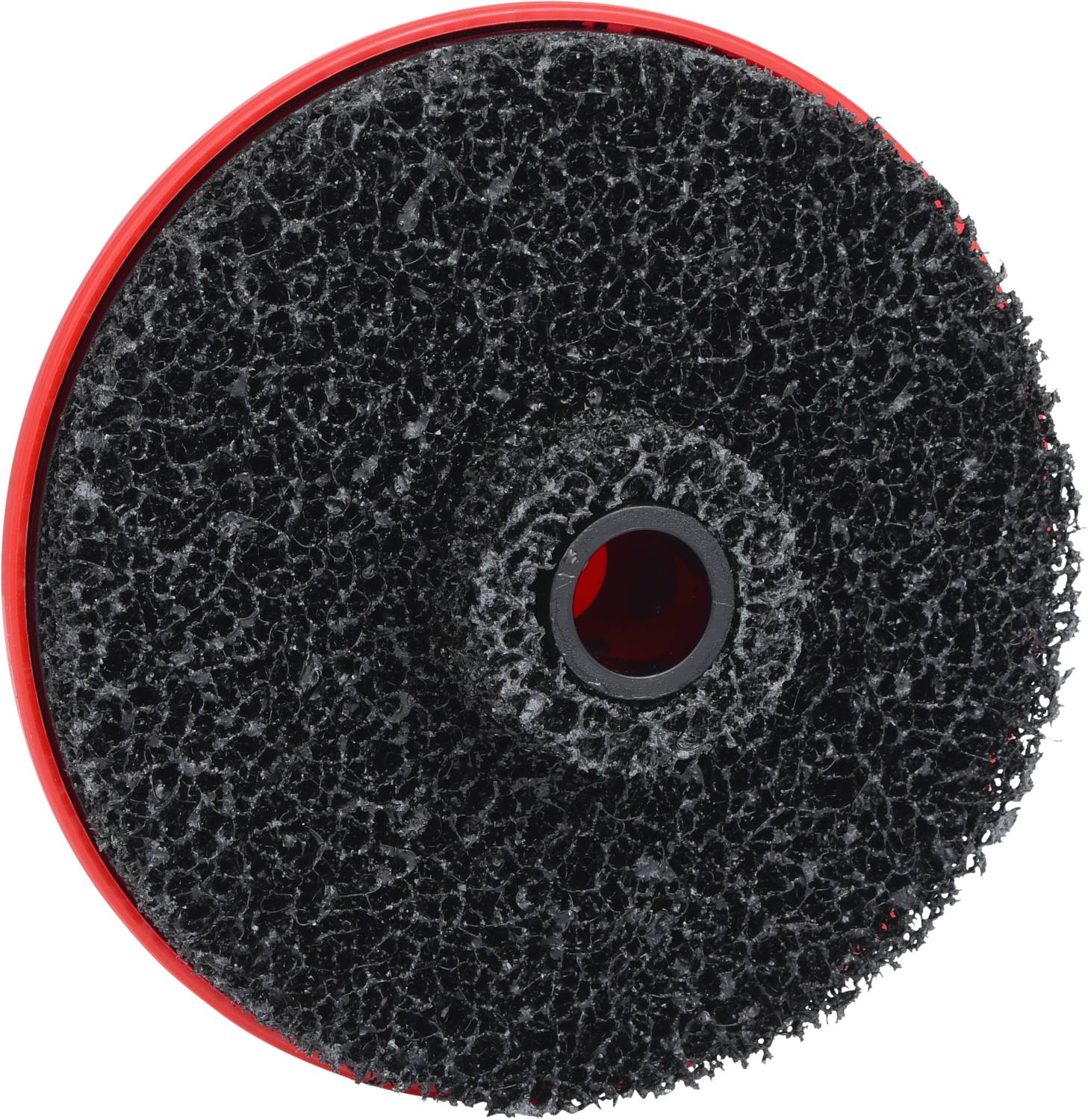 Czarna tarcza szlifierska z czerwoną krawędzią i centralnym otworem mocującym, przeznaczona do użycia w ręcznych urządzeniach szlifierskich.