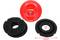 Zestaw narzędzi szlifierskich z czerwoną rękojeścią i dwiema czarnymi tarczami szlifierskimi. Średnice tarcz: 75 mm i 160 mm.