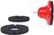 Obraz dwóch tarcz szlifierskich i czerwono-czarnej nasadki szlifierskiej z trzpieniem mocującym. Nasadka szlifierska znajduje się po prawej stronie obrazu.
